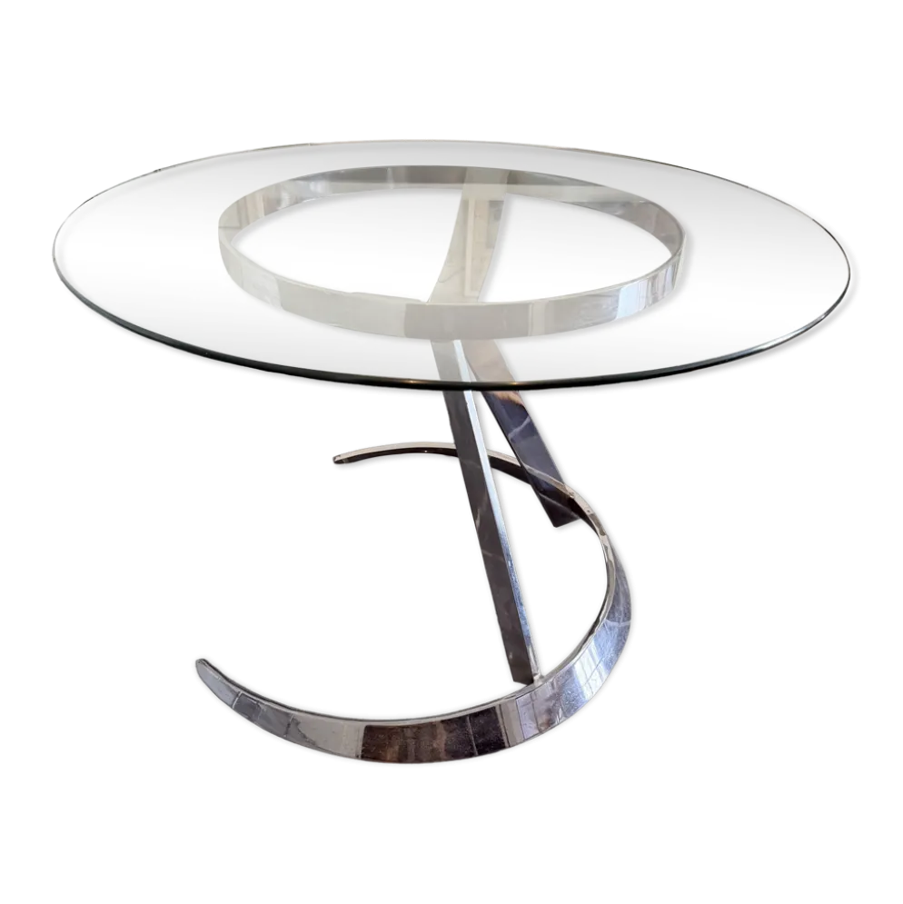 Grande table ronde attribuée à Boris Tabacoff, verre et acier chromé, année