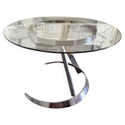 Grande table ronde attribuée à Boris Tabacoff, verre et acier chromé, année