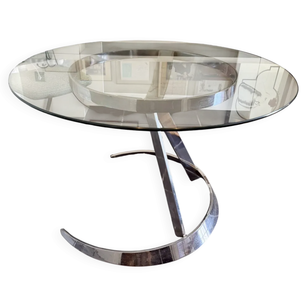 Grande table ronde attribuée à Boris Tabacoff, verre et acier chromé, année
