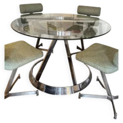 Grande table ronde attribuée à Boris Tabacoff, verre et acier chromé, année