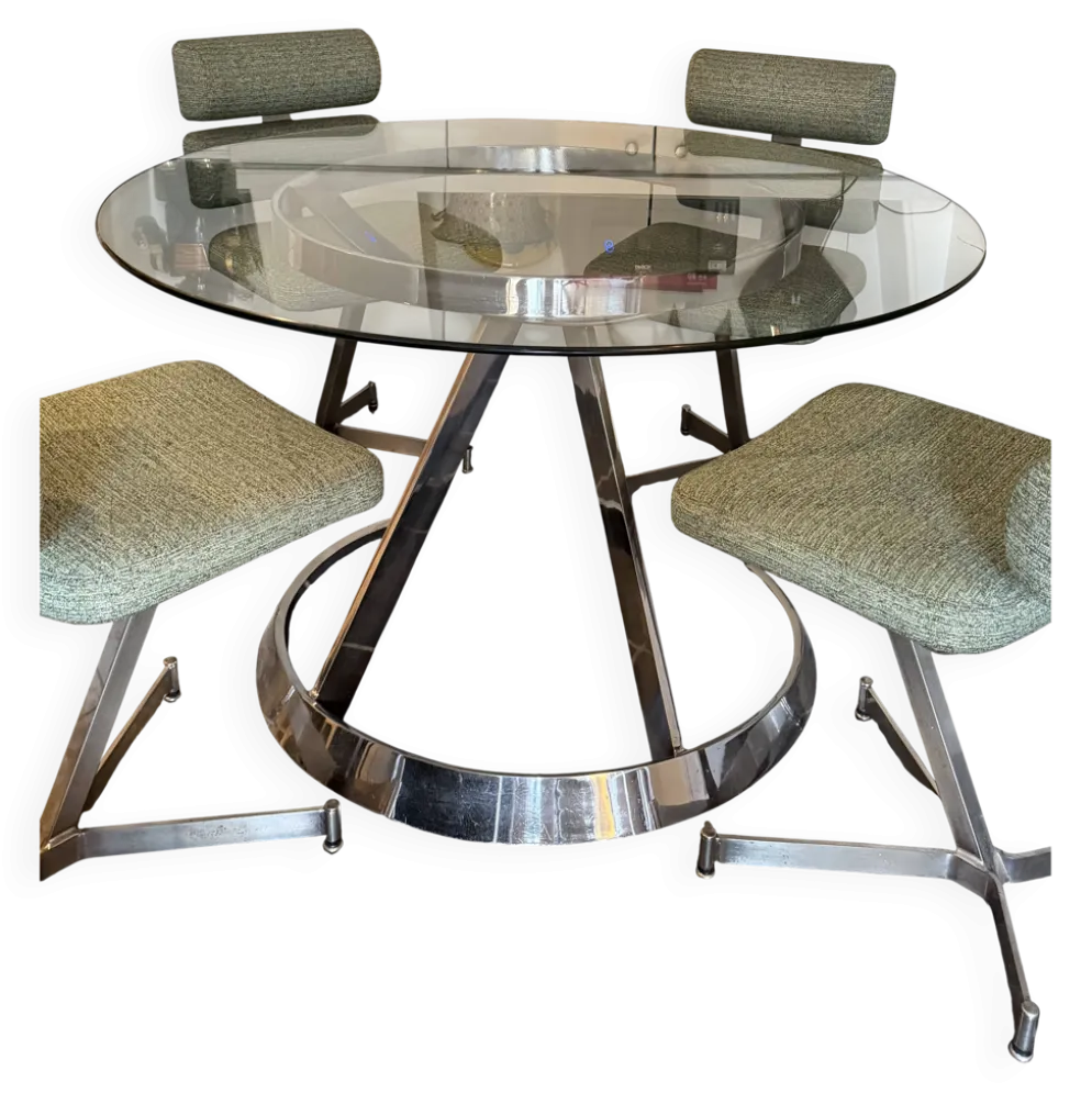 Grande table ronde attribuée à Boris Tabacoff, verre et acier chromé, année