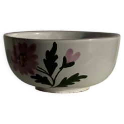 Grande tasse en faïence à liseré rose et motif de fleurs rose H7 D15