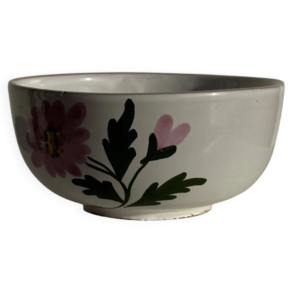 Grande tasse en faïence à liseré rose et motif de fleurs rose H7 D15
