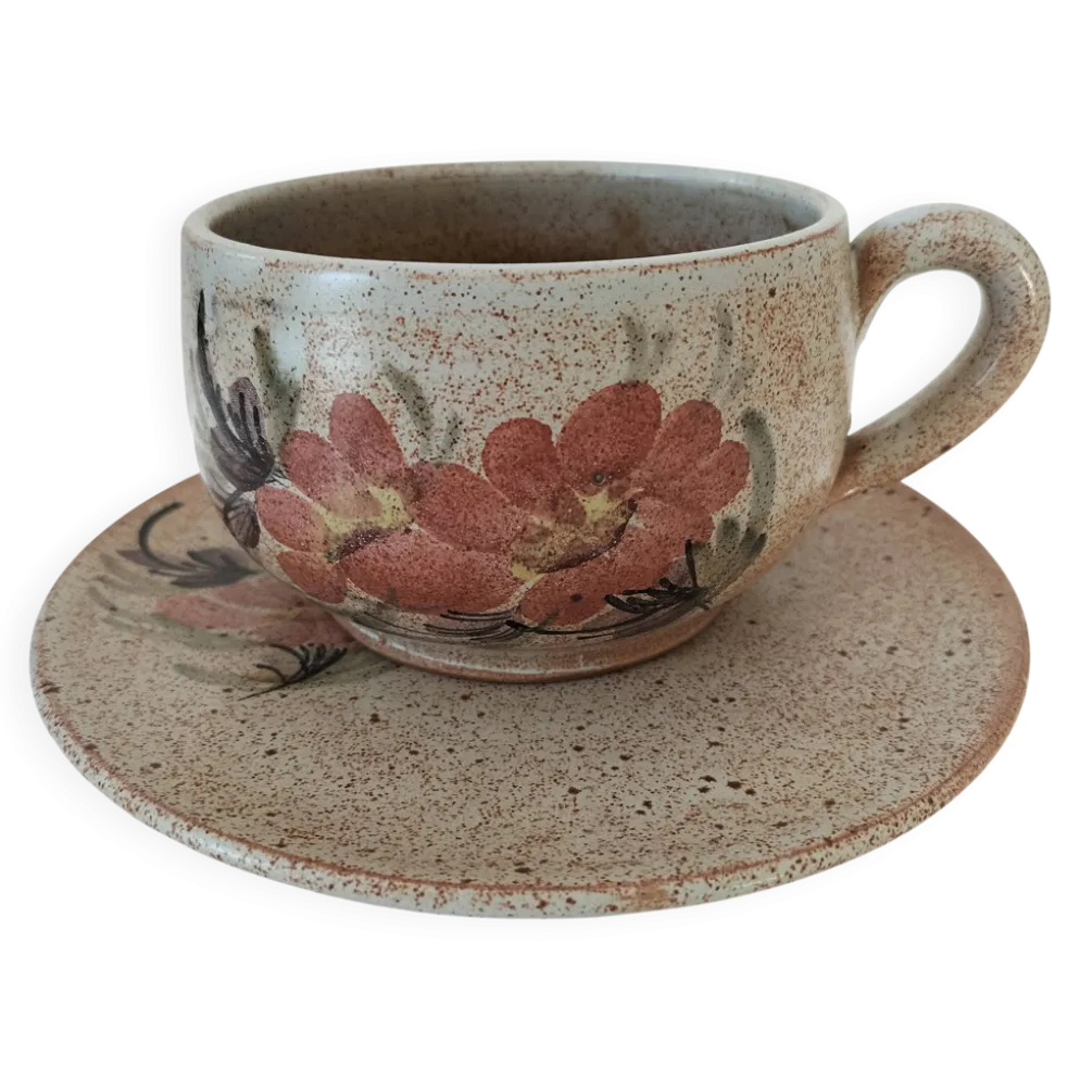Grande tasse et soucoupe en grès décor floral – années 70
