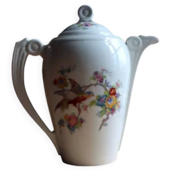 Grande verseuse / cafetière vintage en porcelaine – Décor Oiseau de paradis