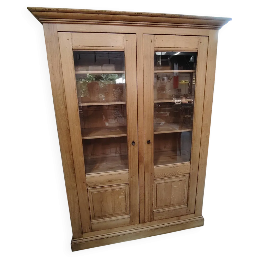 Grande vitrine ancienne en bois massif blond façon meuble d'apothicaire