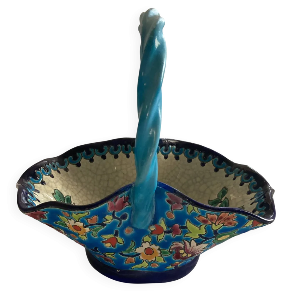Grand Panier Corbeille Émaux de Longwy F3 B5000 - Anse Torsadée Turquoise -