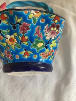 Grand Panier Corbeille Émaux de Longwy F3 B5000 - Anse Torsadée Turquoise -