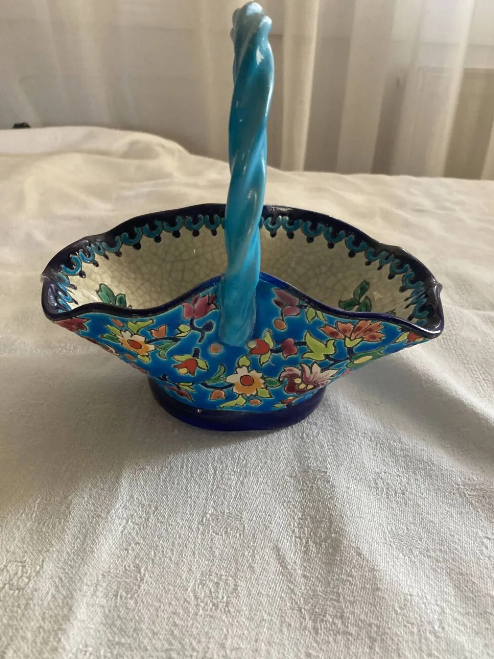 Grand Panier Corbeille Émaux de Longwy F3 B5000 - Anse Torsadée Turquoise -