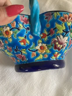 Grand Panier Corbeille Émaux de Longwy F3 B5000 - Anse Torsadée Turquoise -