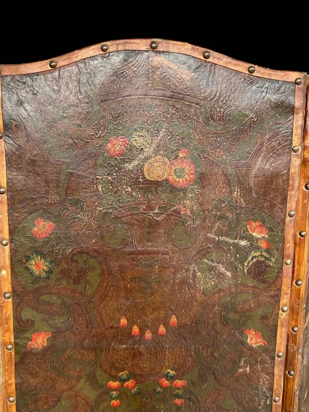 Grand Paravent à Quatre Feuilles En Cuir De Cordoue D’époque Fin XVIIIème H 188 Cm