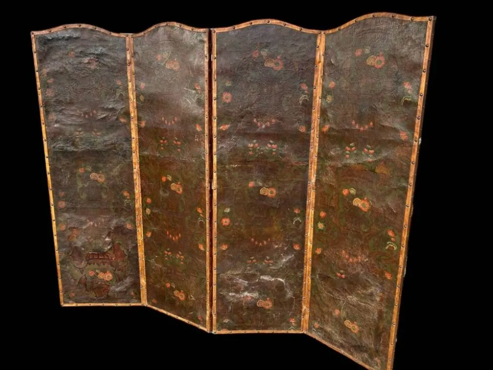 Grand Paravent à Quatre Feuilles En Cuir De Cordoue D’époque Fin XVIIIème H 188 Cm