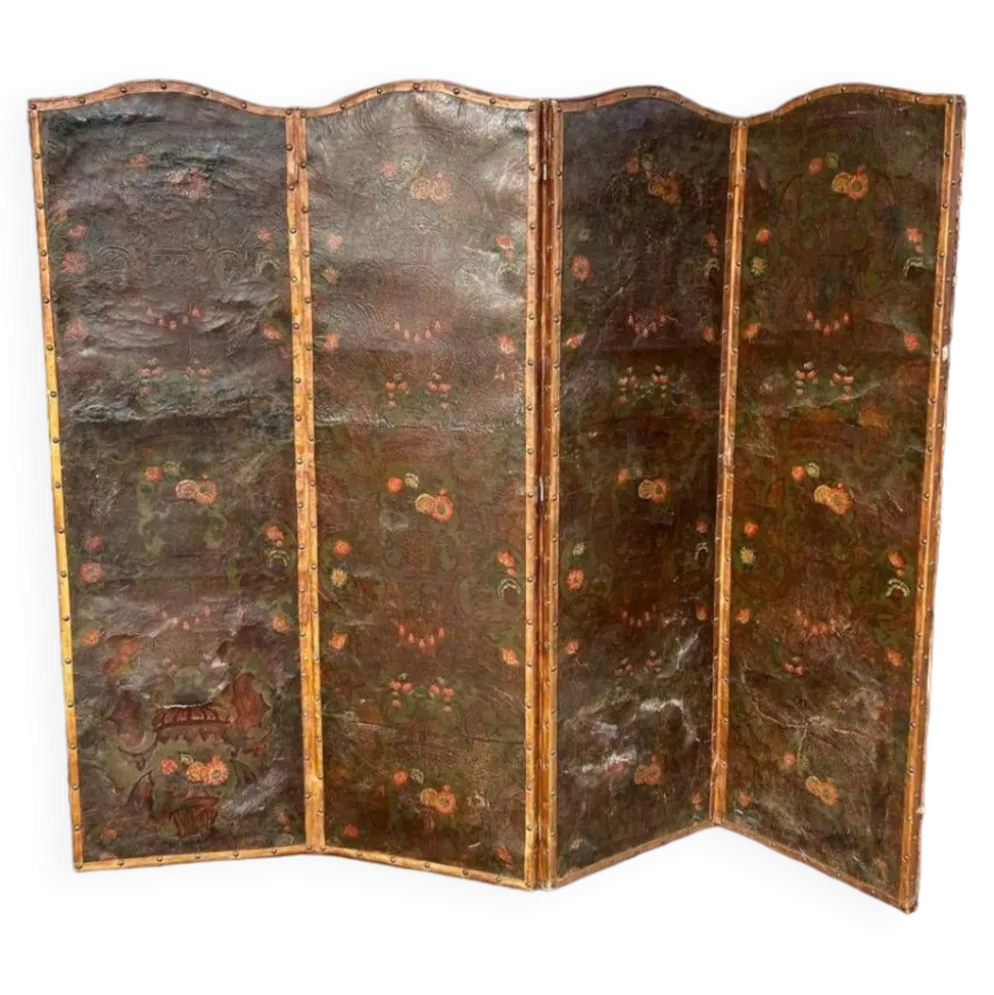 Grand Paravent à Quatre Feuilles En Cuir De Cordoue D’époque Fin XVIIIème H 188 Cm