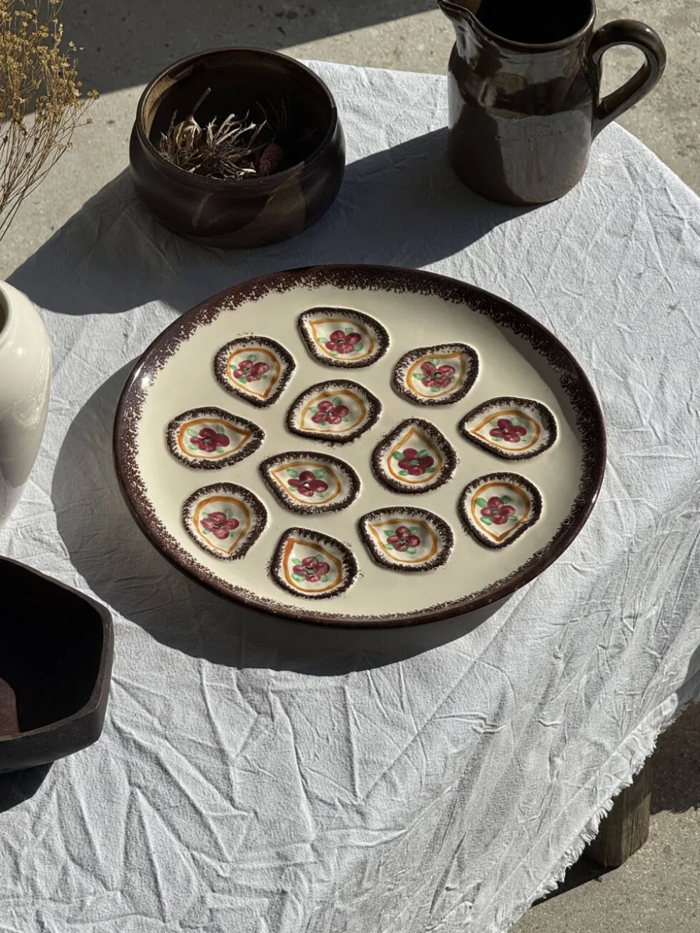 Grand plat circulaire à compartiments pour crustacés coquillages huîtres