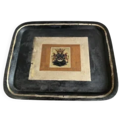 Grand plateau ancien en tôle peinte Napoléon III – Blason Héraldique Couron