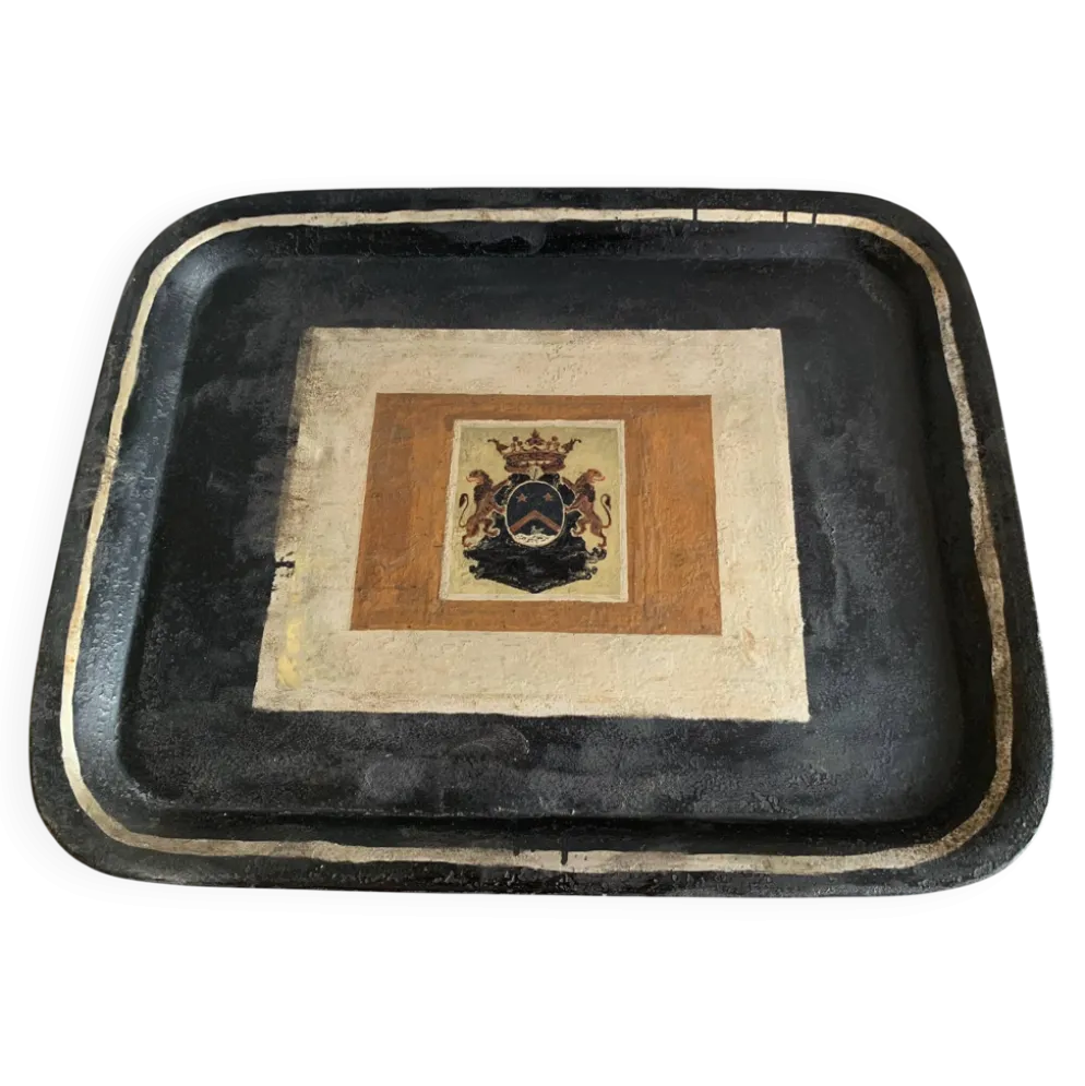Grand plateau ancien en tôle peinte Napoléon III – Blason Héraldique Couron