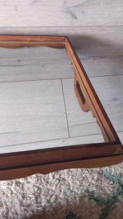 Grand plateau de service bois et verre années 50