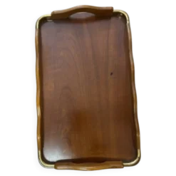 Grand plateau de service rectangulaire en bois et laiton annees 60