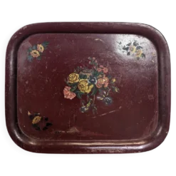 Grand plateau Napoléon III en tôle peinte à décor de fleurs