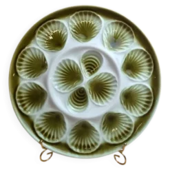Grand plat à huîtres vintage en faïence verte – probablement Saint-amand – 35,5 cm