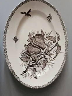 Grand plat ovale ancien Terre de Fer – décor pommes et insectes