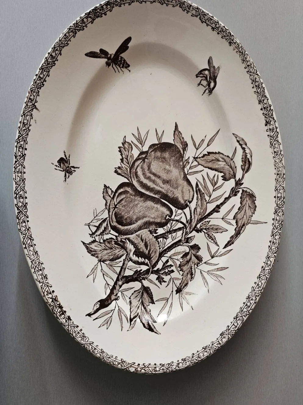 Grand plat ovale ancien Terre de Fer – décor pommes et insectes