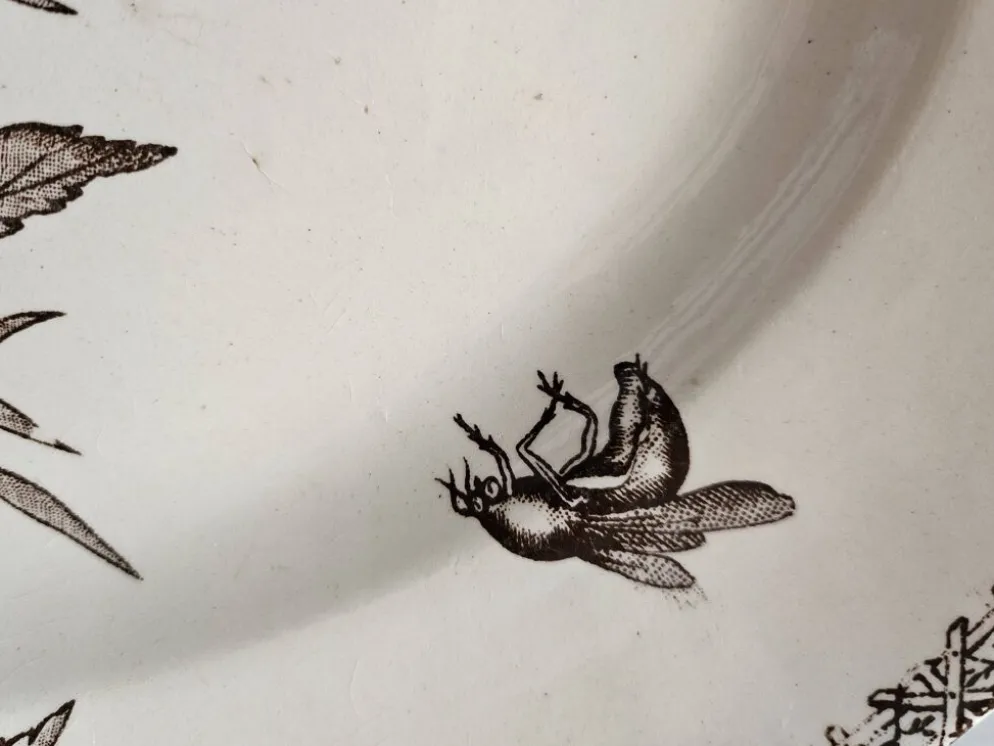 Grand plat ovale ancien Terre de Fer – décor pommes et insectes