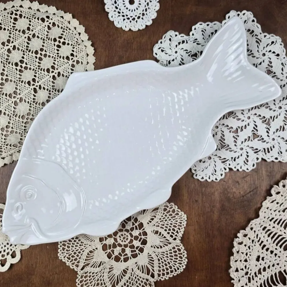 Grand plat poisson en porcelaine blanche, style Limoges