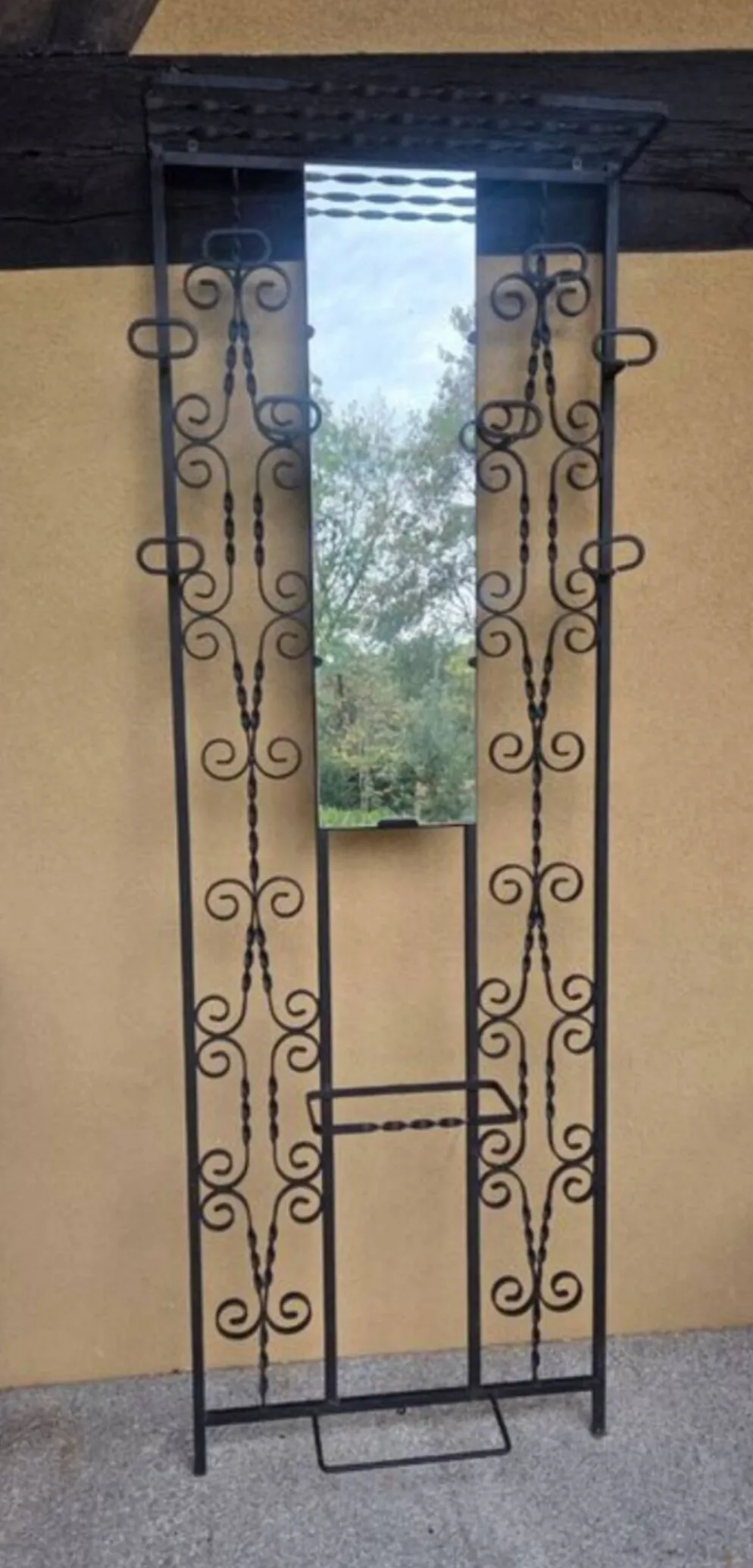 Grand porte-manteau mural vintage en fer forgé avec miroir et porte-pa