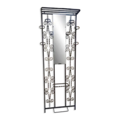 Grand porte-manteau mural vintage en fer forgé avec miroir et porte-pa