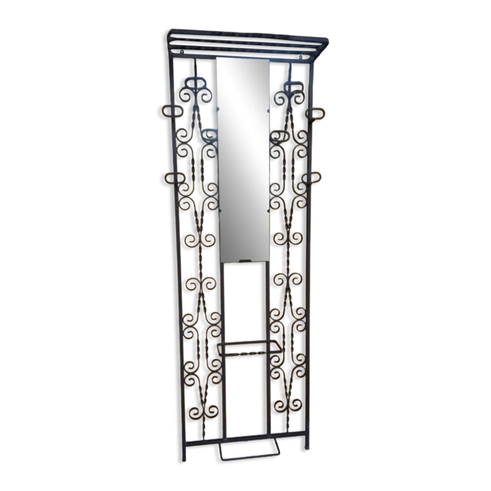 Grand porte-manteau mural vintage en fer forgé avec miroir et porte-pa