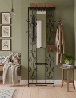 Grand porte-manteau mural vintage en fer forgé avec miroir et porte-pa