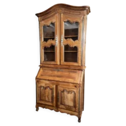 Grand scriban bibliothèque bureau en noyer massif style Louis XV