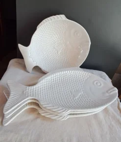 Grand service à poisson vintage en céramique blanche – Lot de 4 pièces