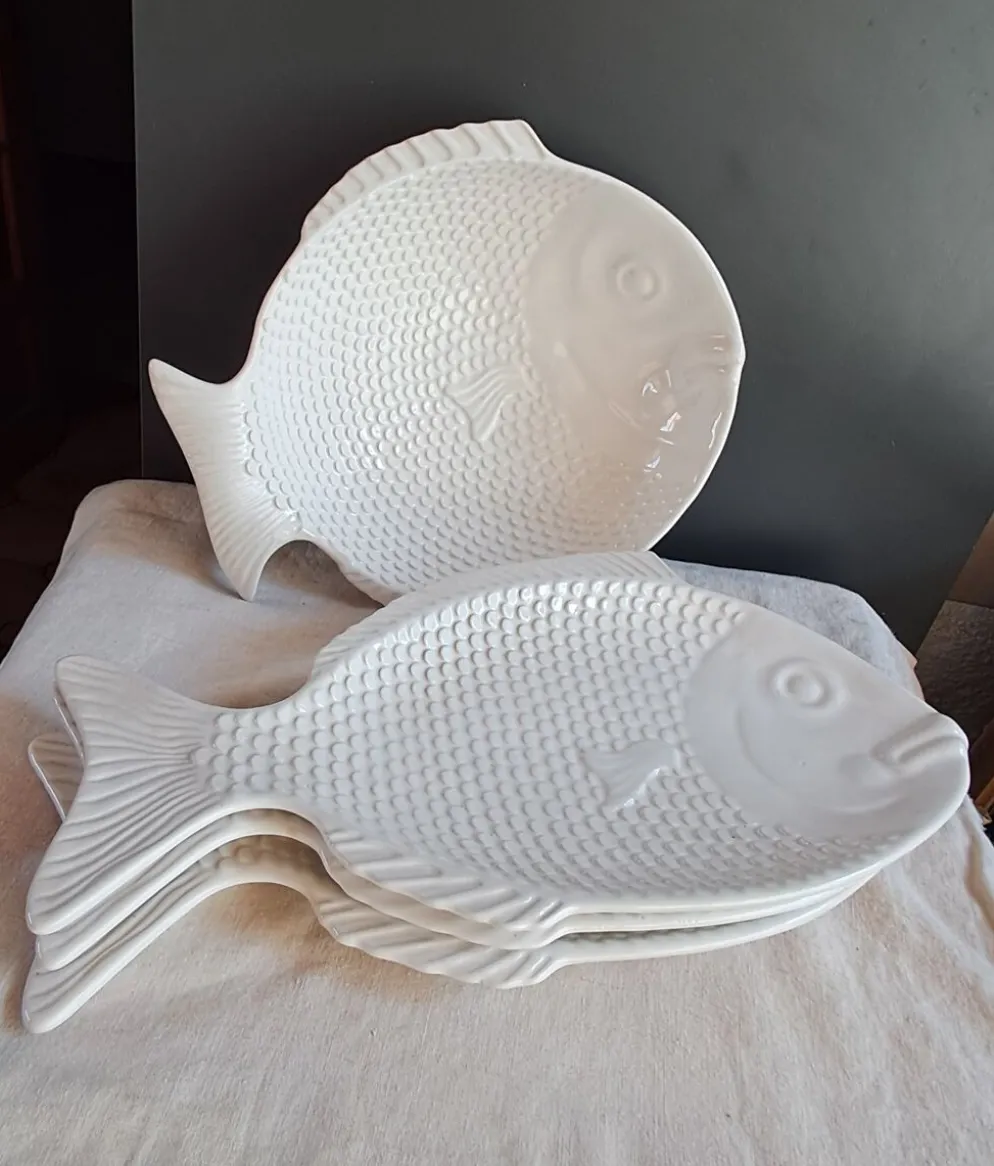 Grand service à poisson vintage en céramique blanche – Lot de 4 pièces