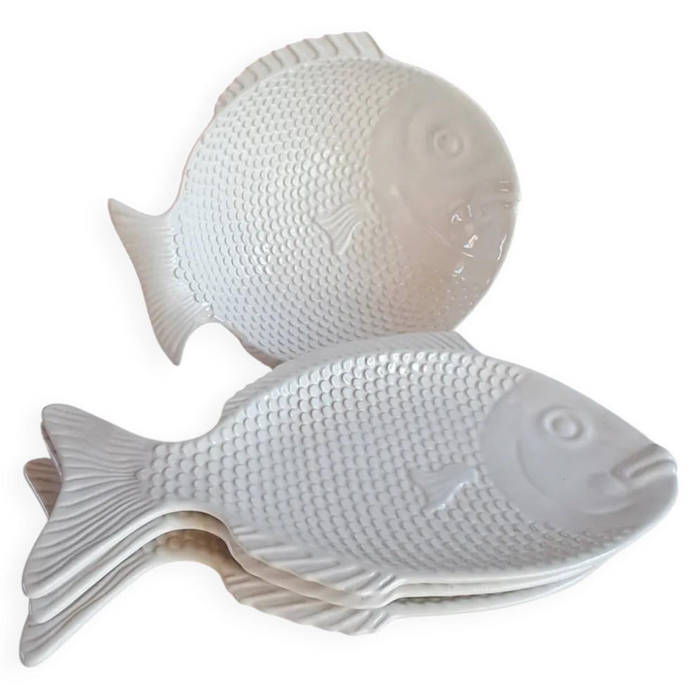 Grand service à poisson vintage en céramique blanche – Lot de 4 pièces