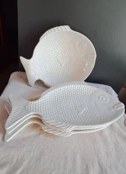 Grand service à poisson vintage en céramique blanche – Lot de 4 pièces