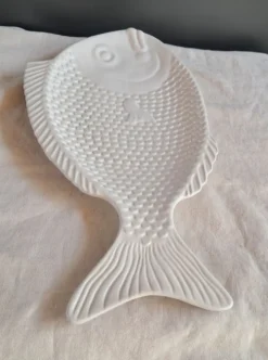 Grand service à poisson vintage en céramique blanche – Lot de 4 pièces