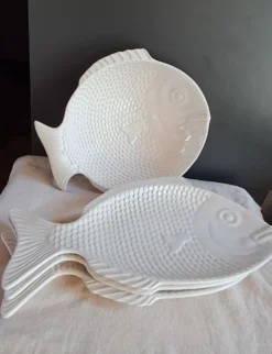 Grand service à poisson vintage en céramique blanche – Lot de 4 pièces