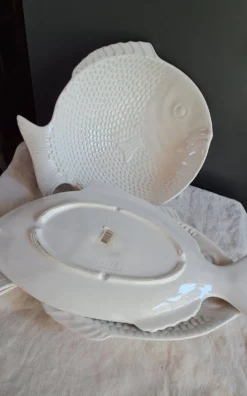 Grand service à poisson vintage en céramique blanche – Lot de 4 pièces