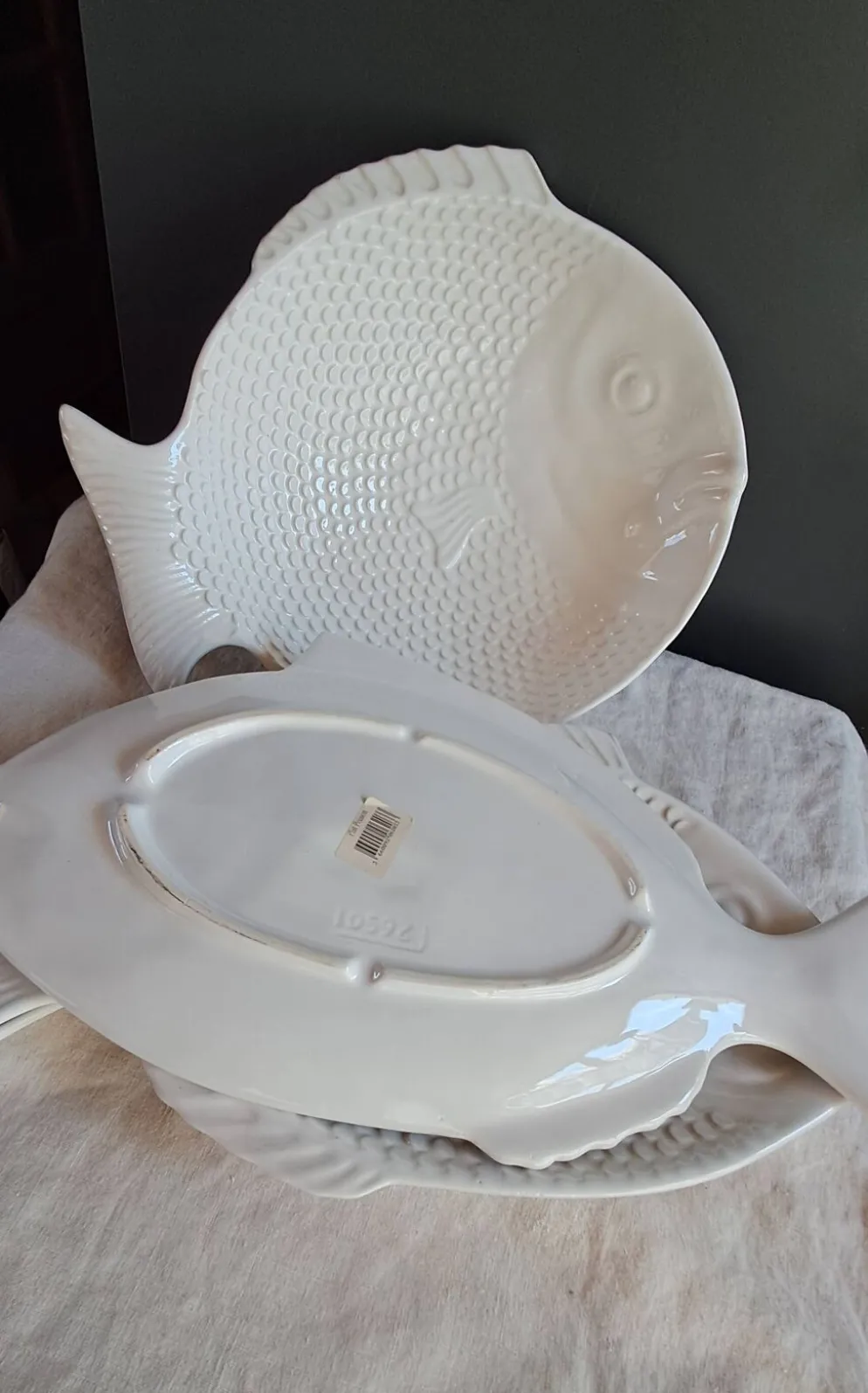 Grand service à poisson vintage en céramique blanche – Lot de 4 pièces