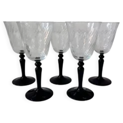 5 grands verres sur pied noir arcoroc france, vintage