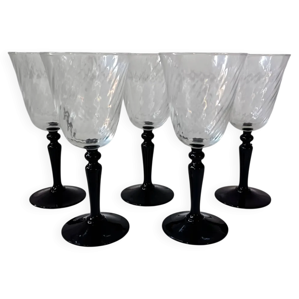 5 grands verres sur pied noir arcoroc france, vintage