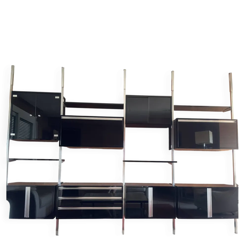 Grand système mural modulable Roche Bobois années 70 – bois, laqué noir et