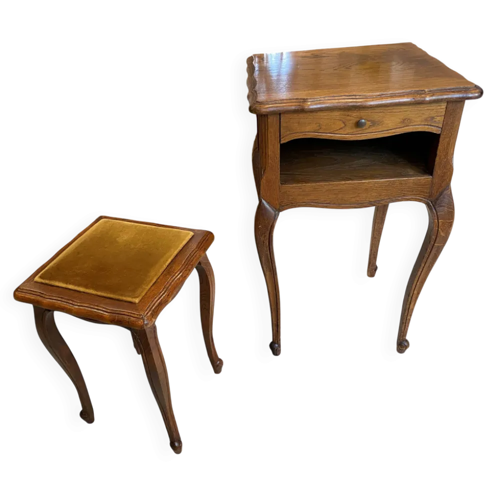 Guéridon ensemble gueridon et tabouret de style Louis XV en chêne massif