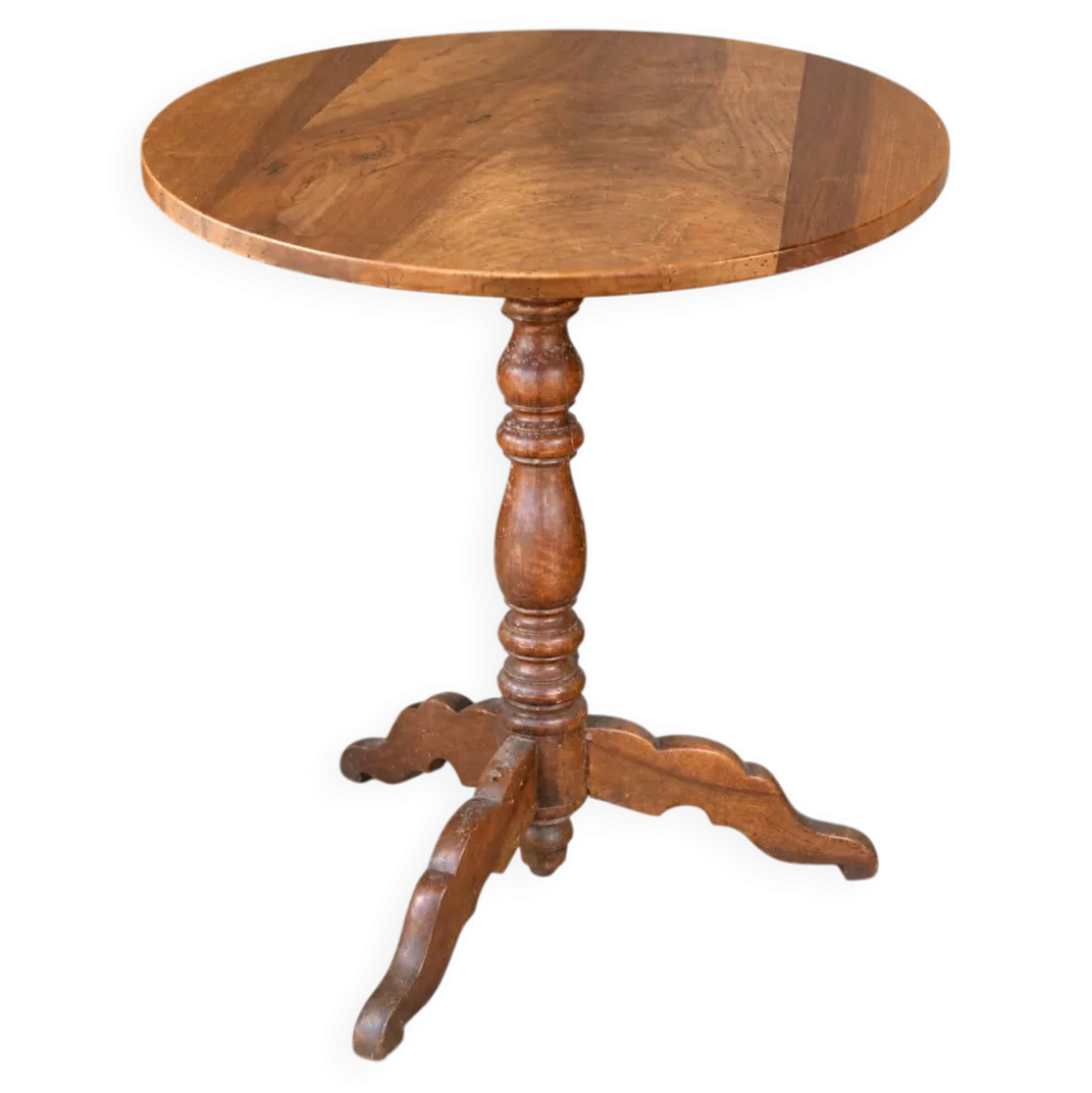 Guéridon rond ancien en bois – pied central tourné et piètement tripode