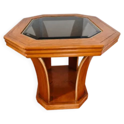 Guéridon/Table d’appoint octogonale en chêne et verre – style Art Déco