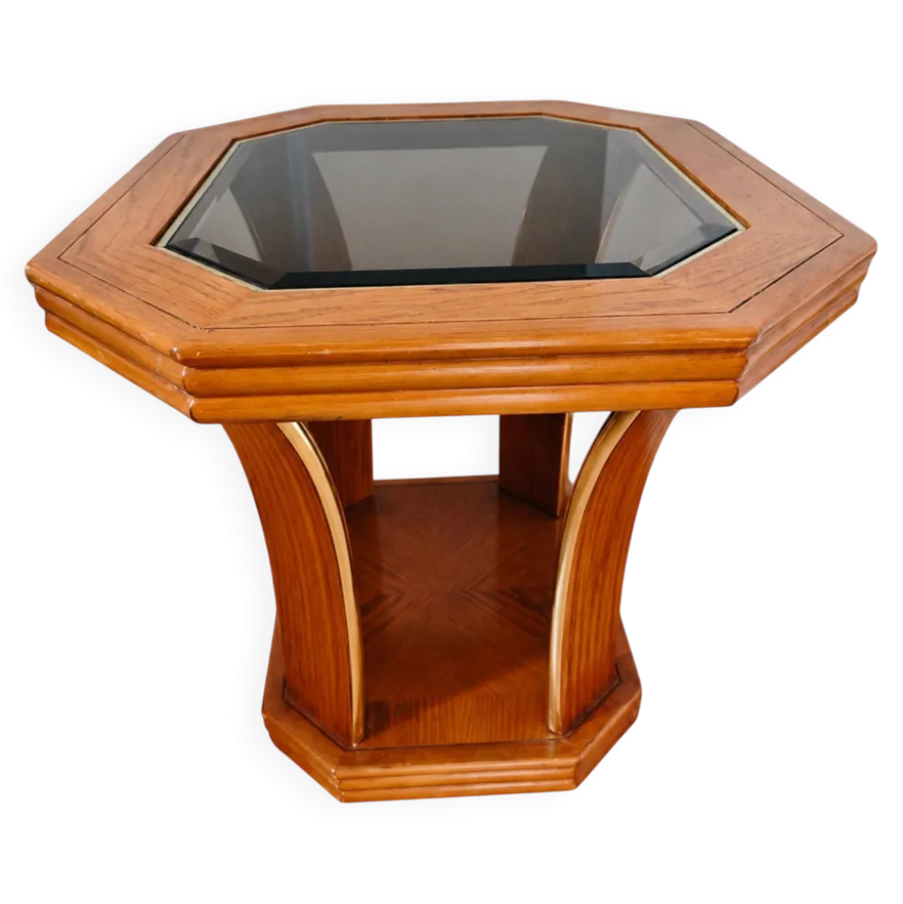 Guéridon/Table d’appoint octogonale en chêne et verre – style Art Déco