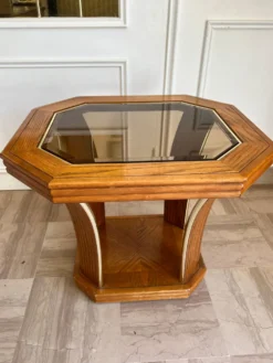 Guéridon/Table d’appoint octogonale en chêne et verre – style Art Déco