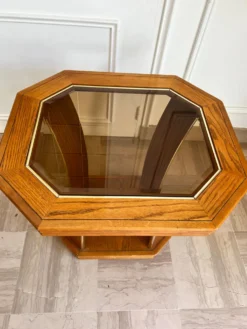 Guéridon/Table d’appoint octogonale en chêne et verre – style Art Déco